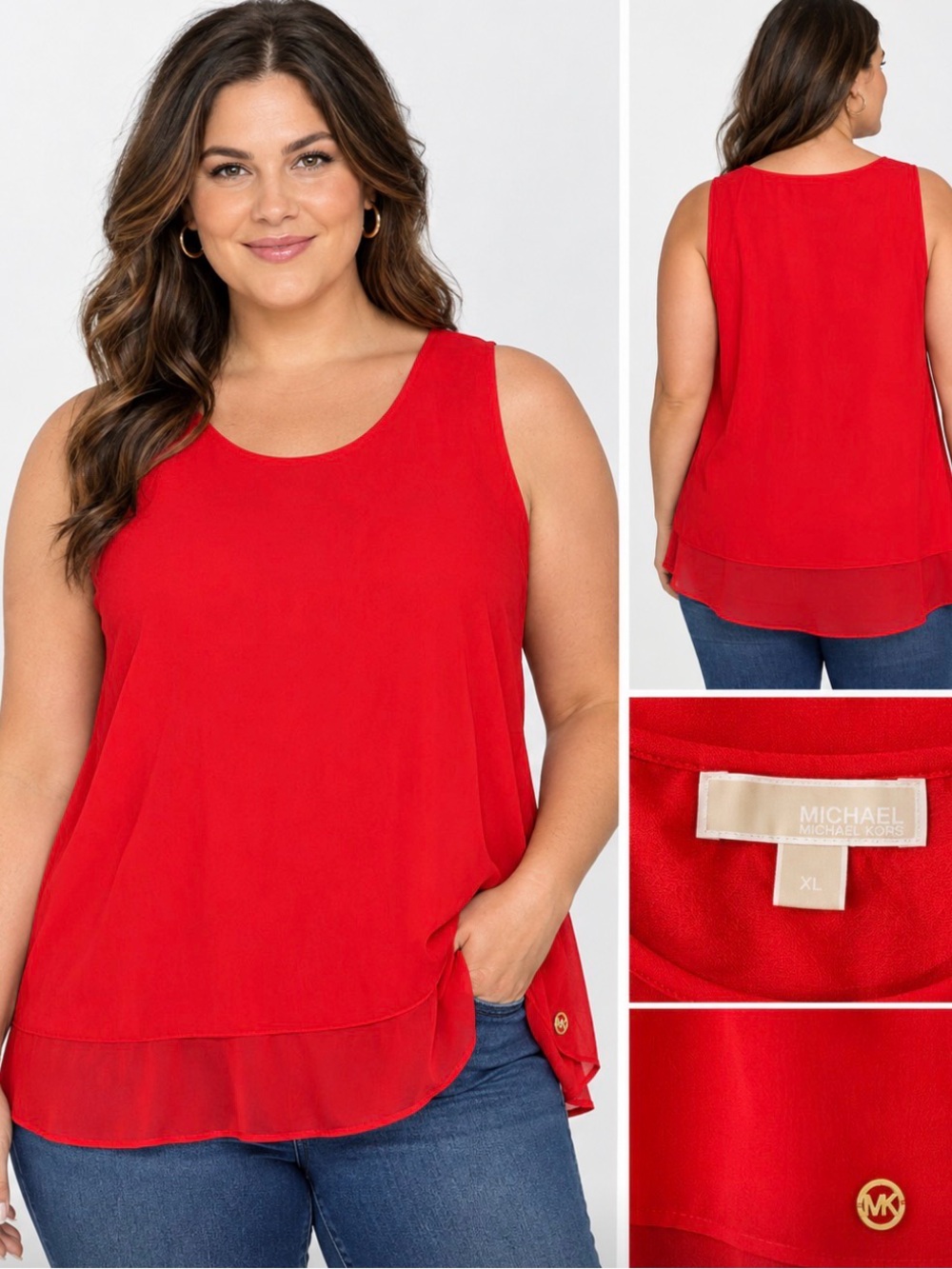 Michael Kors Red Layered Chiffon Hem Tank Top, Size XL